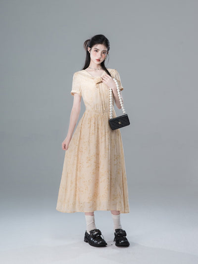 Fallen Leaves Apricot Yellow Atmosphere Short-sleeved Dress COT0133