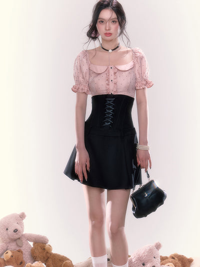 Square Neck Ruffle Sleeve Lace Dot Blouse & High Waist Cross Strap A-Line Skirt UND0052