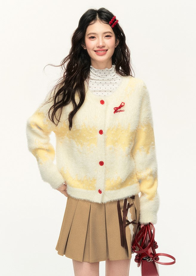 Bowknot Cream Yellow Long Hair Gradient Stripes Lazy Style Sweater Cardigan NTO0136