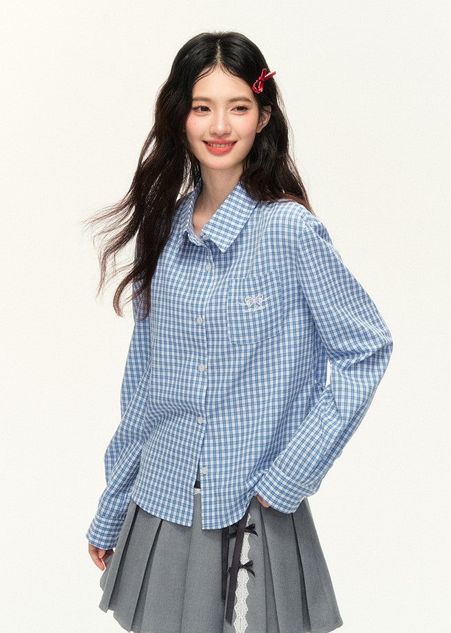 Multi-color Straight Shoulder Plaid Bow Embroidery Long-sleeved Shirt NTO0119