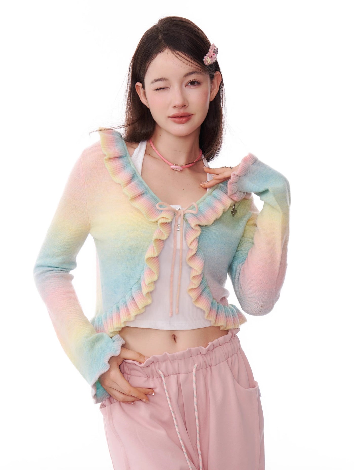 Gradient Contrast Color Ruffled Trumpet Sleeve Knitted Cardigan ZIZ0183