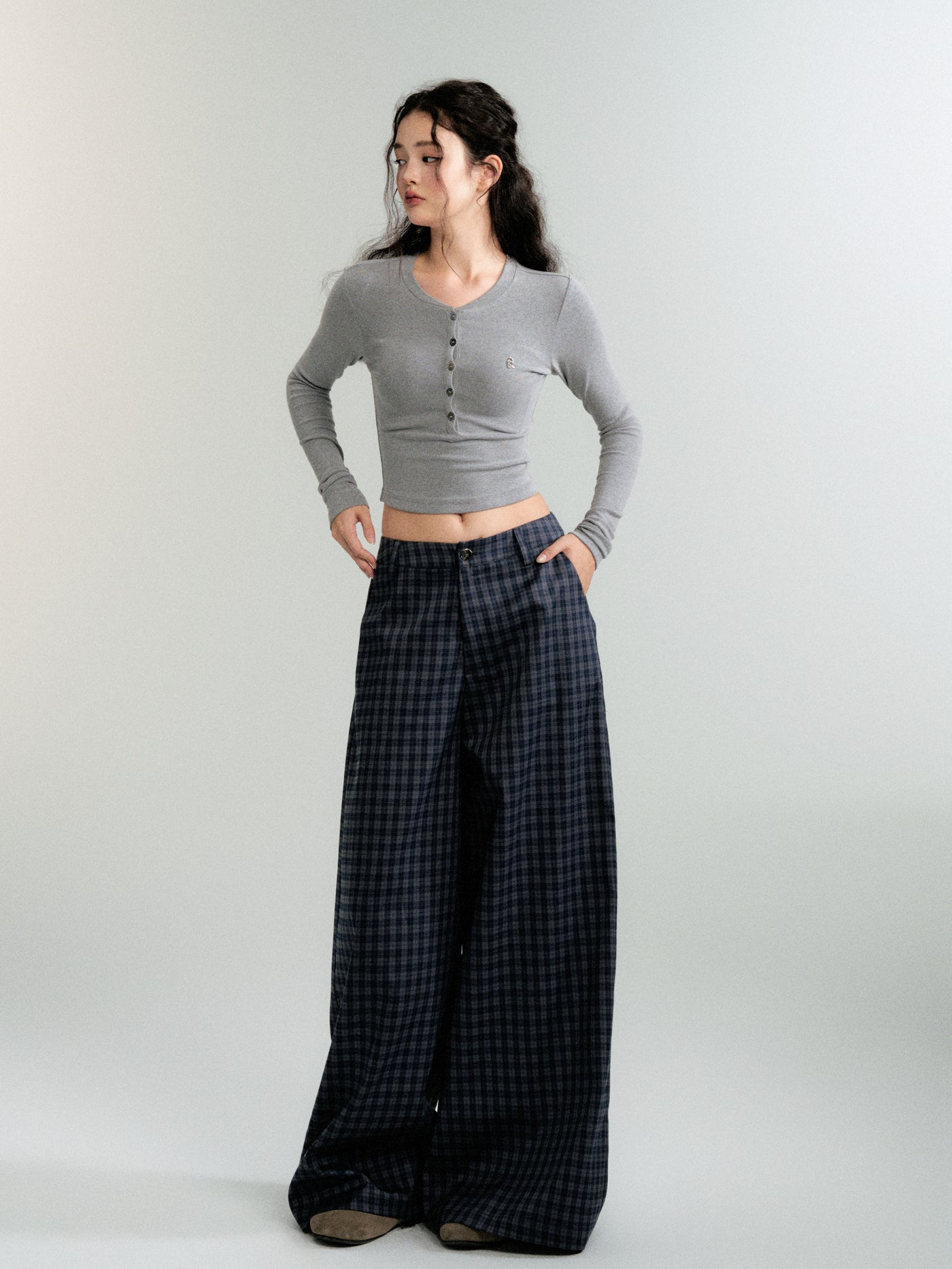 Checked wide-leg casual straight pants LUL0090