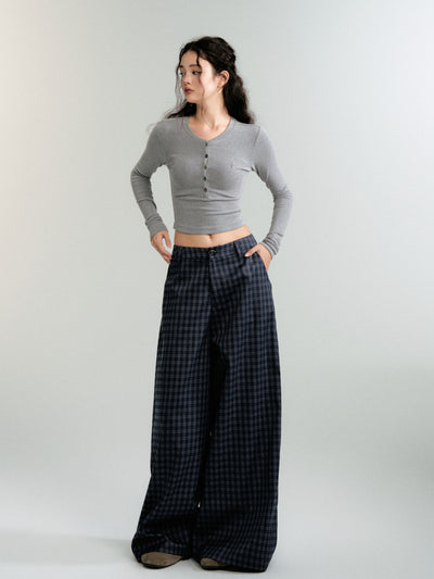 Checked wide-leg casual straight pants LUL0090