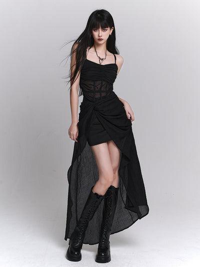 Waist see-through rolled skirt style camisole dress LAD0049