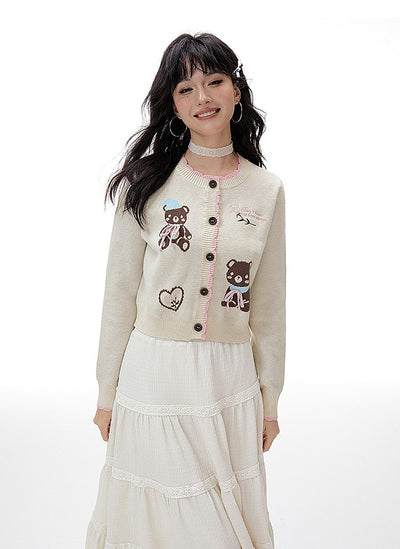 Bear Jacquard Pink Lace Knitted Cardigan IMO0058