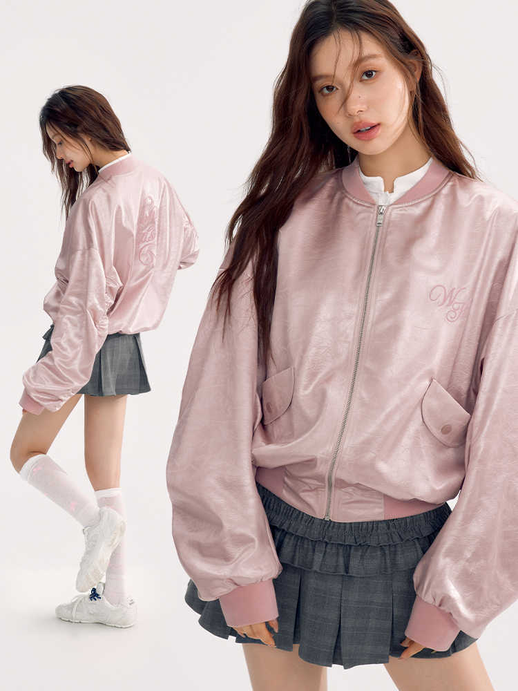 Glossy Satin Style Loose Sporty Short Jacket WOO0121