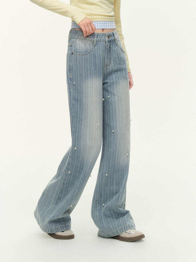 Pearl Embroidery Stripe Design Washed Denim Wide Pants NTO0142