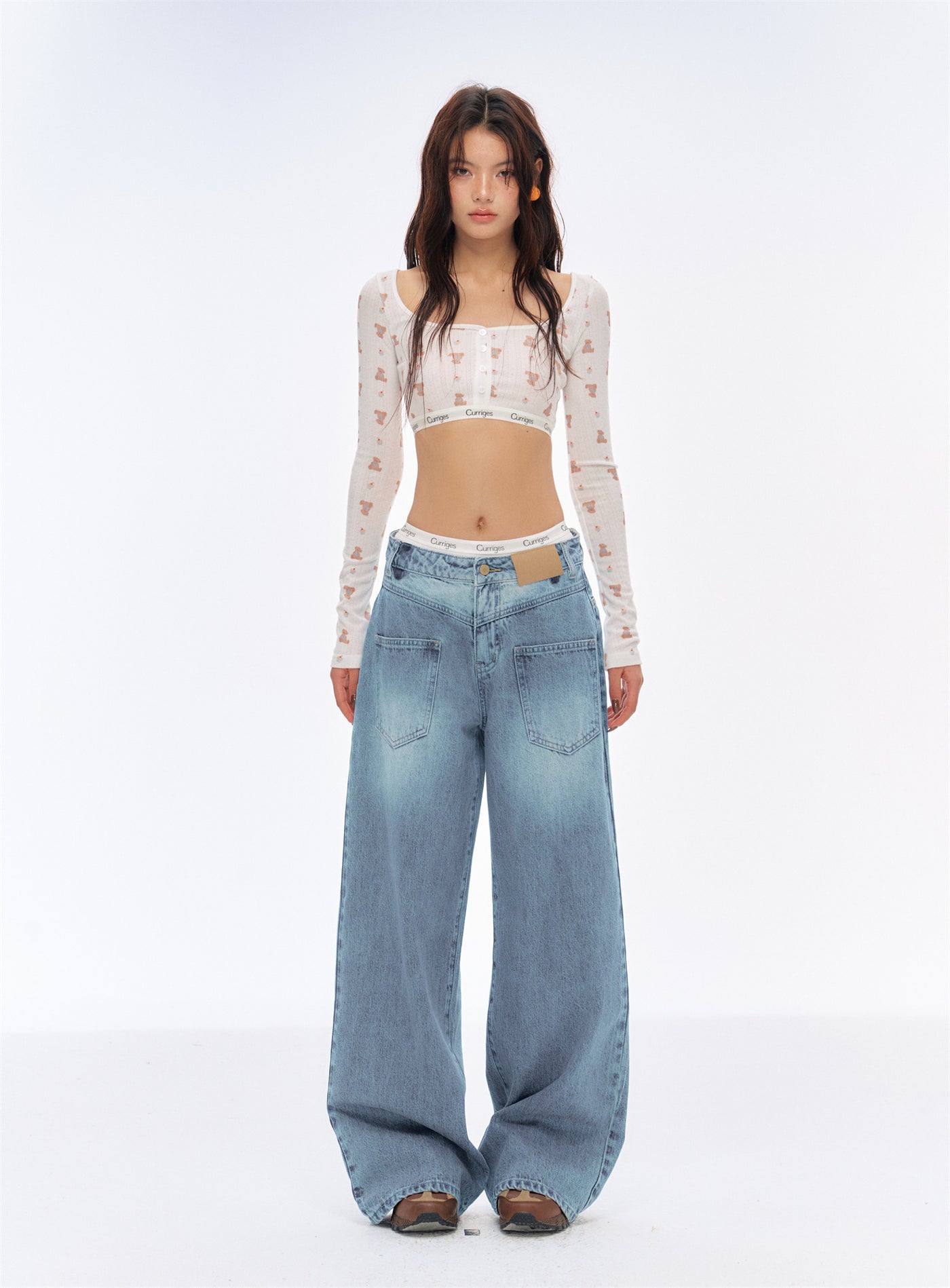 Low Waist Washed Wide Leg Jeans CUR0194