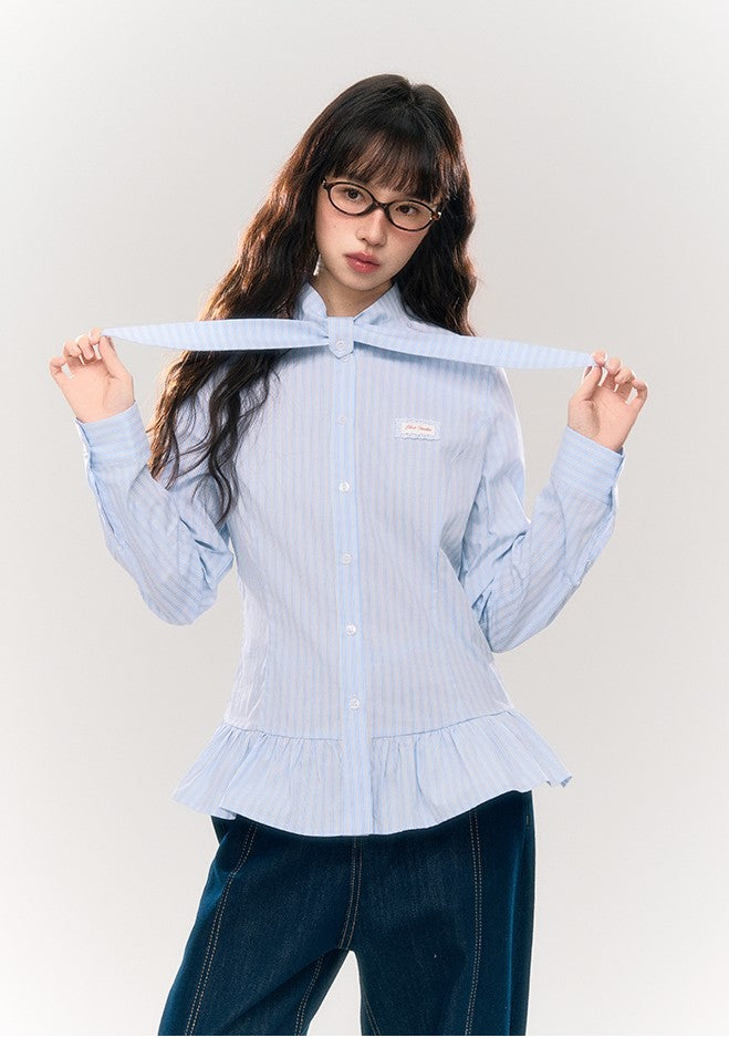 All-match Bow Striped Ruffle Lace Shirt NTO0172