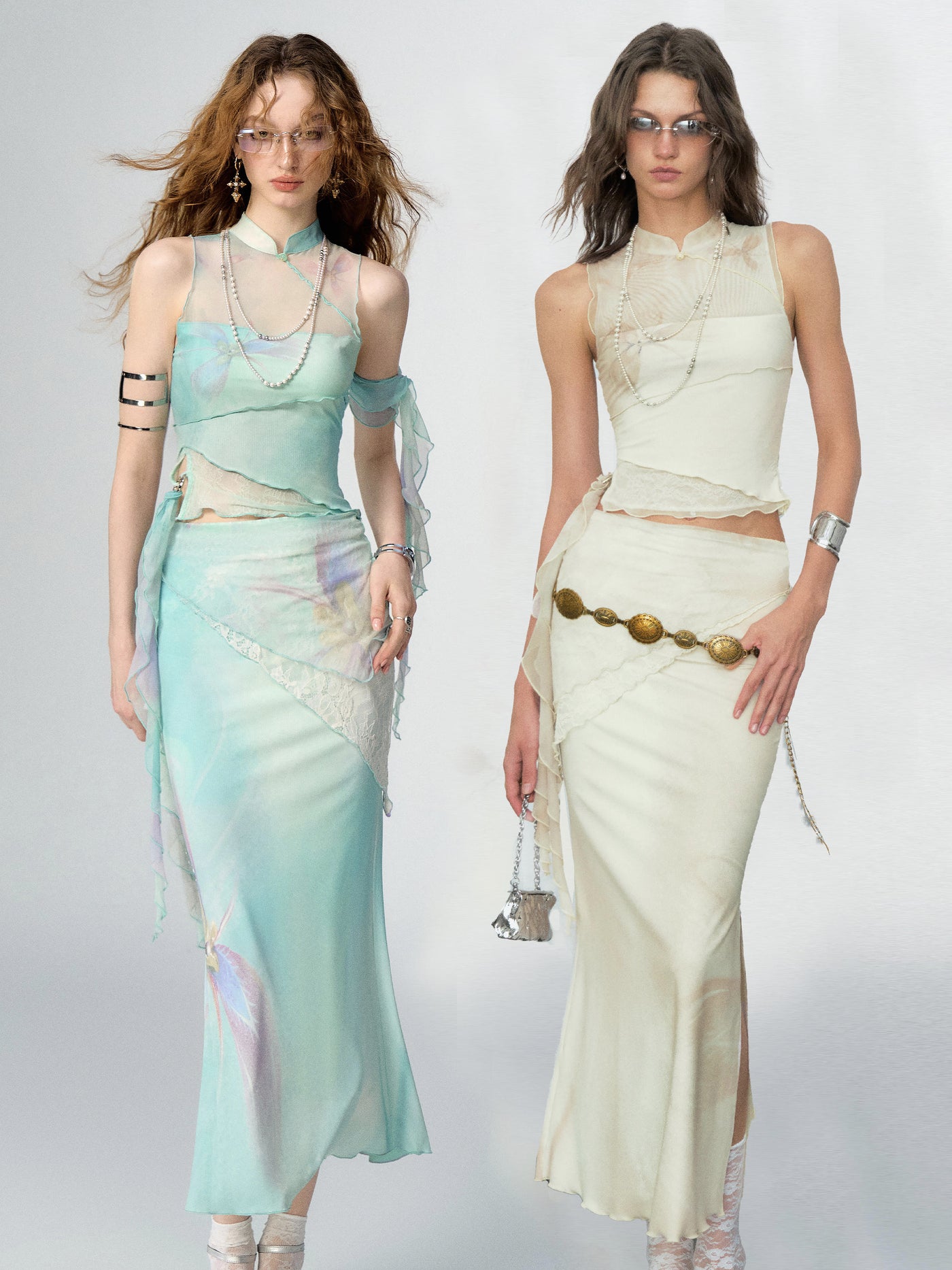 China Style Aurora Borealis Color See-through Sleeveless Top & Aurora Borealis Color Slim Skirt OFA0150