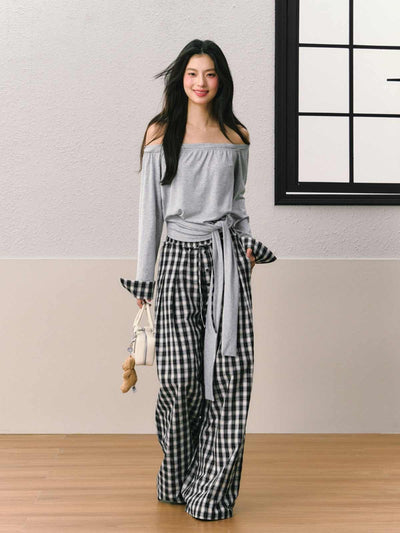 Casual Gingham Check Pattern Wide Leg Pants SHI0068