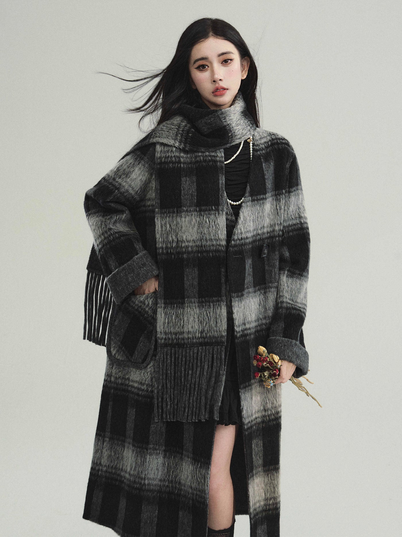 Lamb-wool blend retro plaid collarless coat and scarf FRA0213