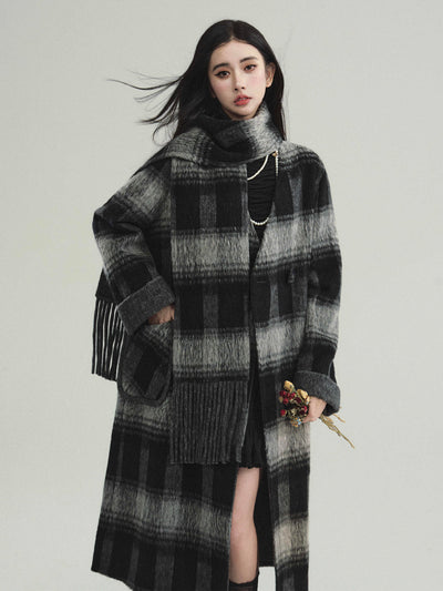 Lamb-wool blend retro plaid collarless coat and scarf FRA0213