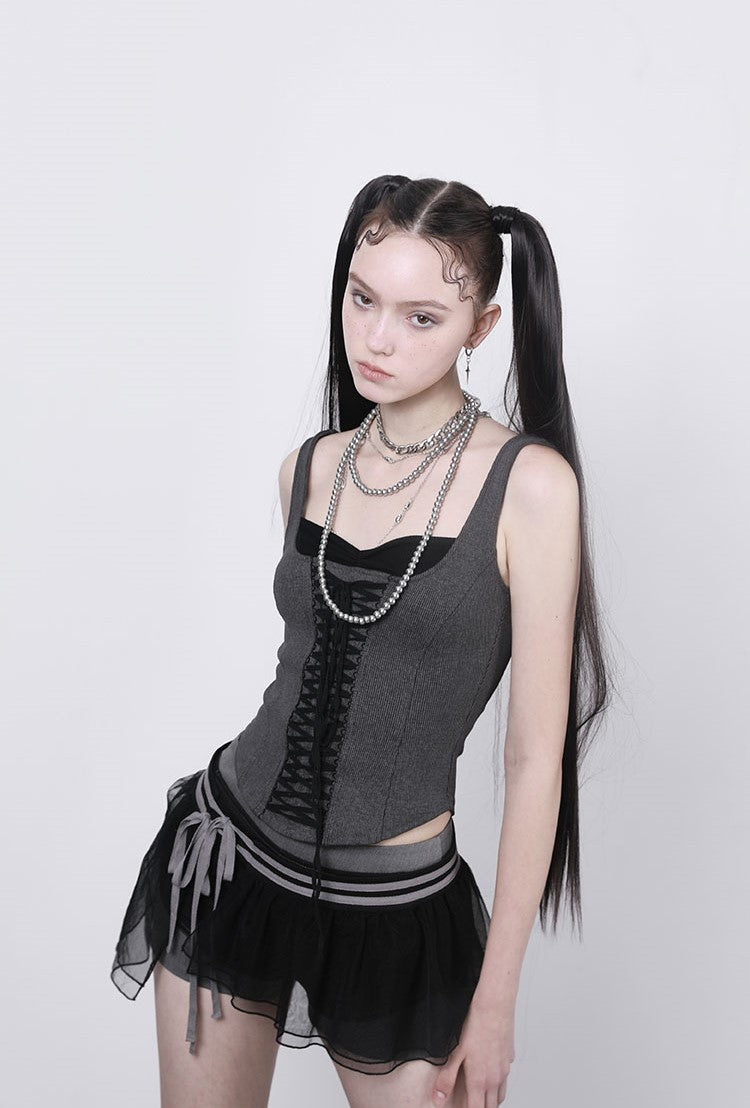 Fake Two-piece Gray Knitted Cross Straps Vest ANY0058