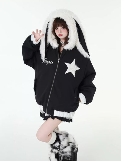 Star Design Loose Zip Monotone Jacket with Rabbit Ears Hood CRA0097