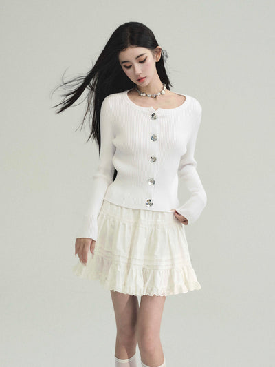 Sequined Flower Button Slim Rib Knit Cardigan FRA0217