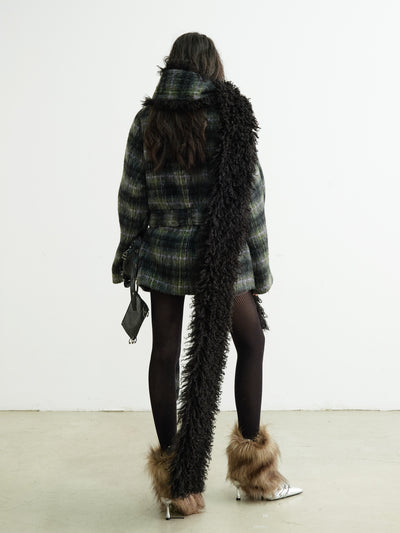 Retro Super Long Fur Scarf Plaid Coat JNY0204