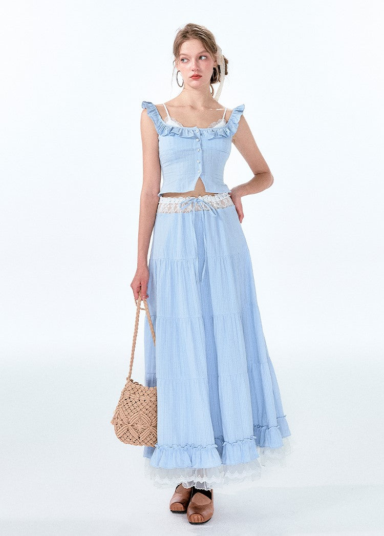 Fake Two-piece Suspender Top/Hollow Lace Skirt BOH0051