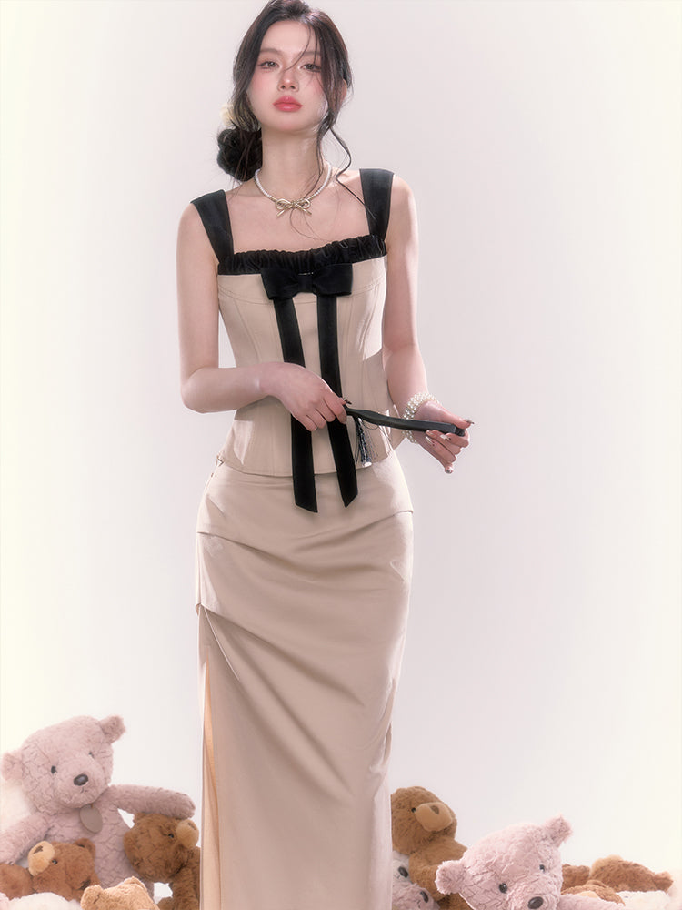 Long Ribbon Waist Slim Sleeveless Top & Side Draped Long Skirt UND0044