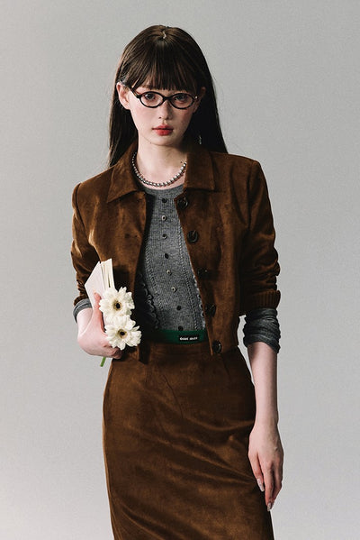 Splicing Suede Round Neck Short Jacket/Skirt OAK0260