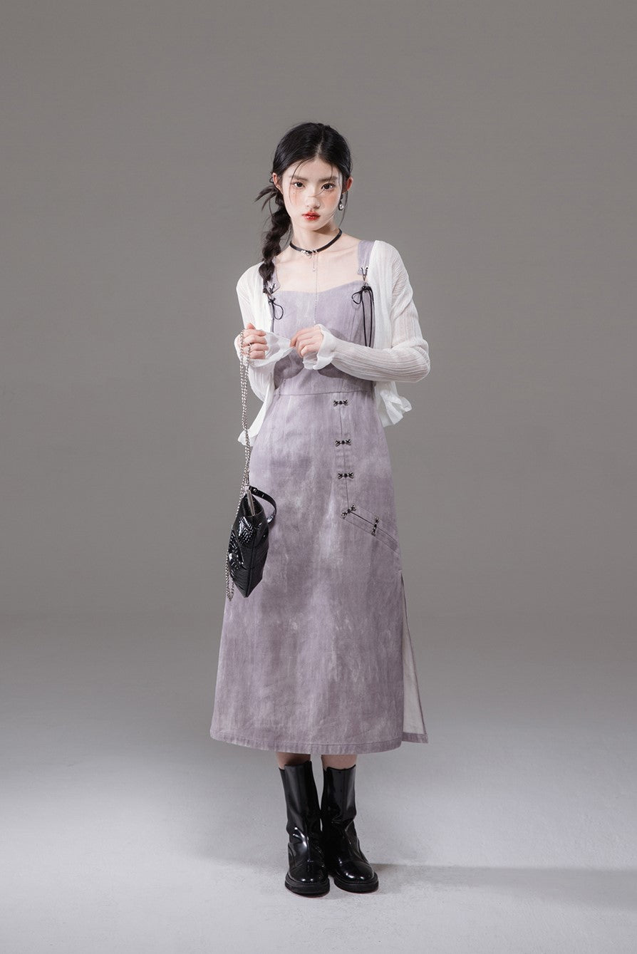 Plum Purple Tencel Shirt/Tie-Dye Printed Suspender Dress COT0131