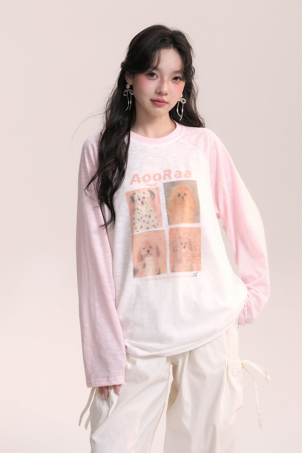 Dog Print Design Raglan Sleeve Long T-Shirt AOO0037