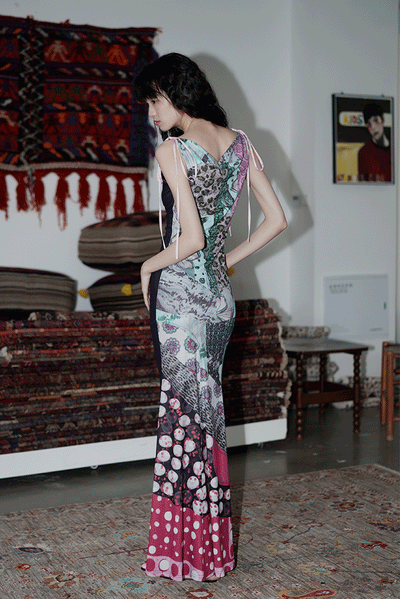 Printed Reversible Design Long Slim Dress BAD0020