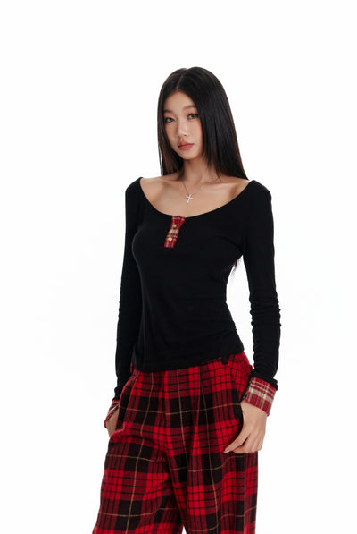 Plaid Patchwork Long-sleeved T-shirt 4MU0088