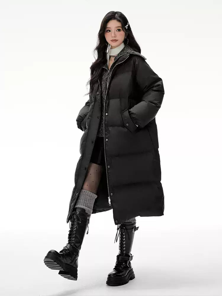 Retro Fake Two-piece Knitted Stand-up Collar Long Down Coat IMO0083