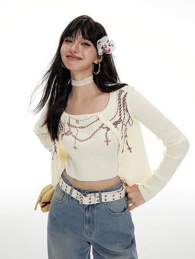 Necklace Print Long-sleeved Knitted Cardigan/Camisole IMO0055