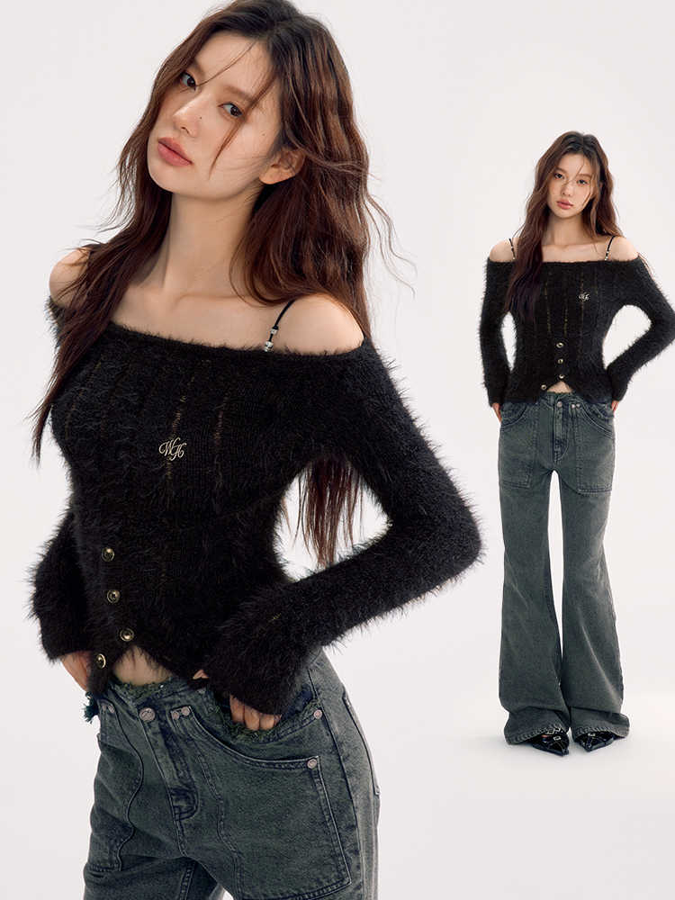 Off-the-shoulder Fur Slim Button Tops WOO0122