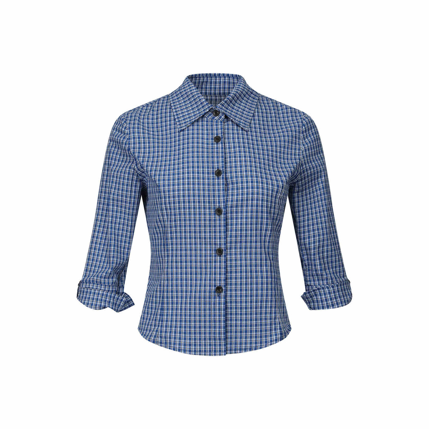 Round neck short sleeve slim knit top & blue check casual shirt SHI0067