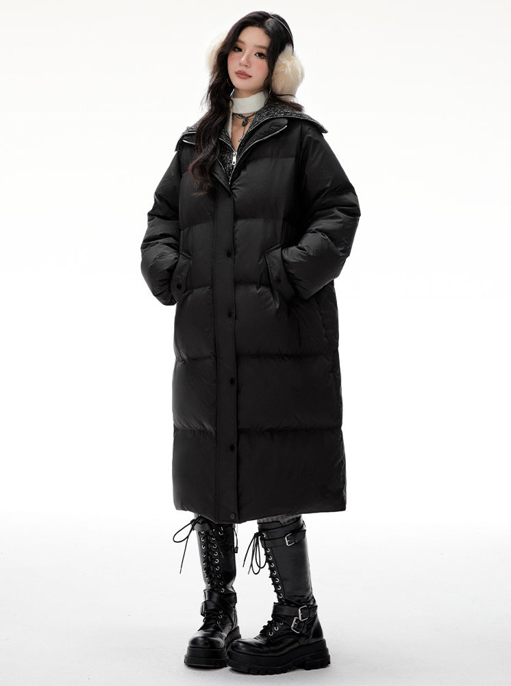 Retro Fake Two-piece Knitted Stand-up Collar Long Down Coat IMO0083