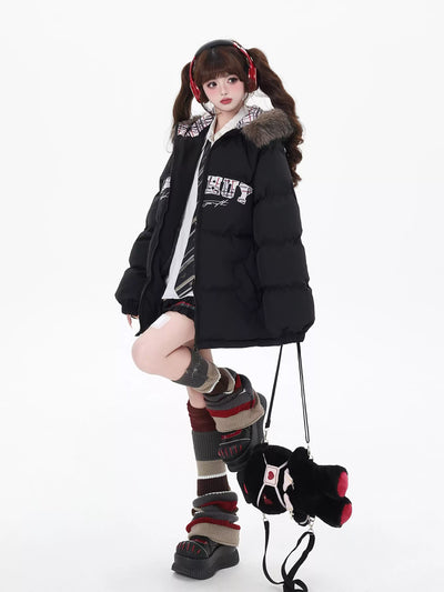 Letter Print Fur Hooded Loose Down Jacket CRA0085