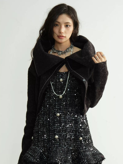 Large Pile Collar Black Short Jacket JNY0200