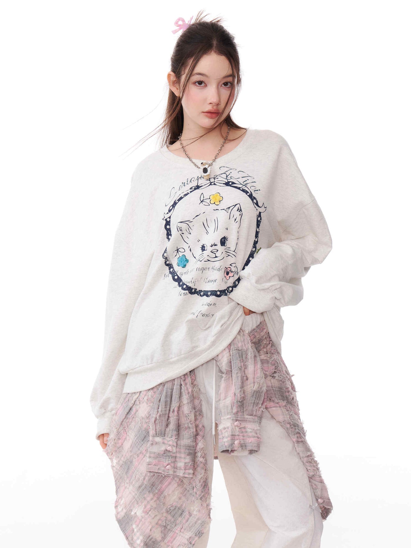 Cat Design Round V-Neck Casual Long Tee ZIZ0166