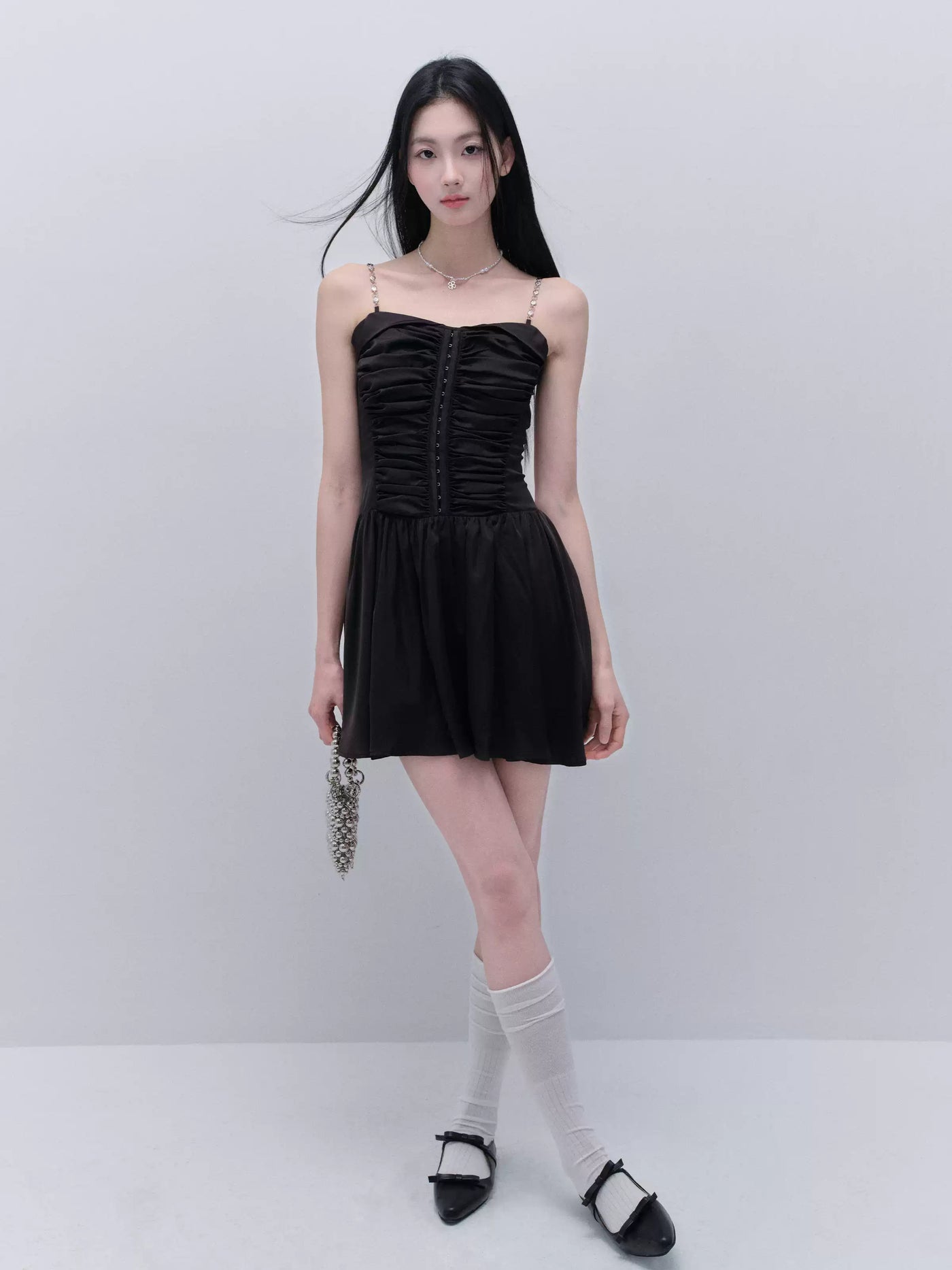 Chain Satin Pleated Suspender Dress FRA0279