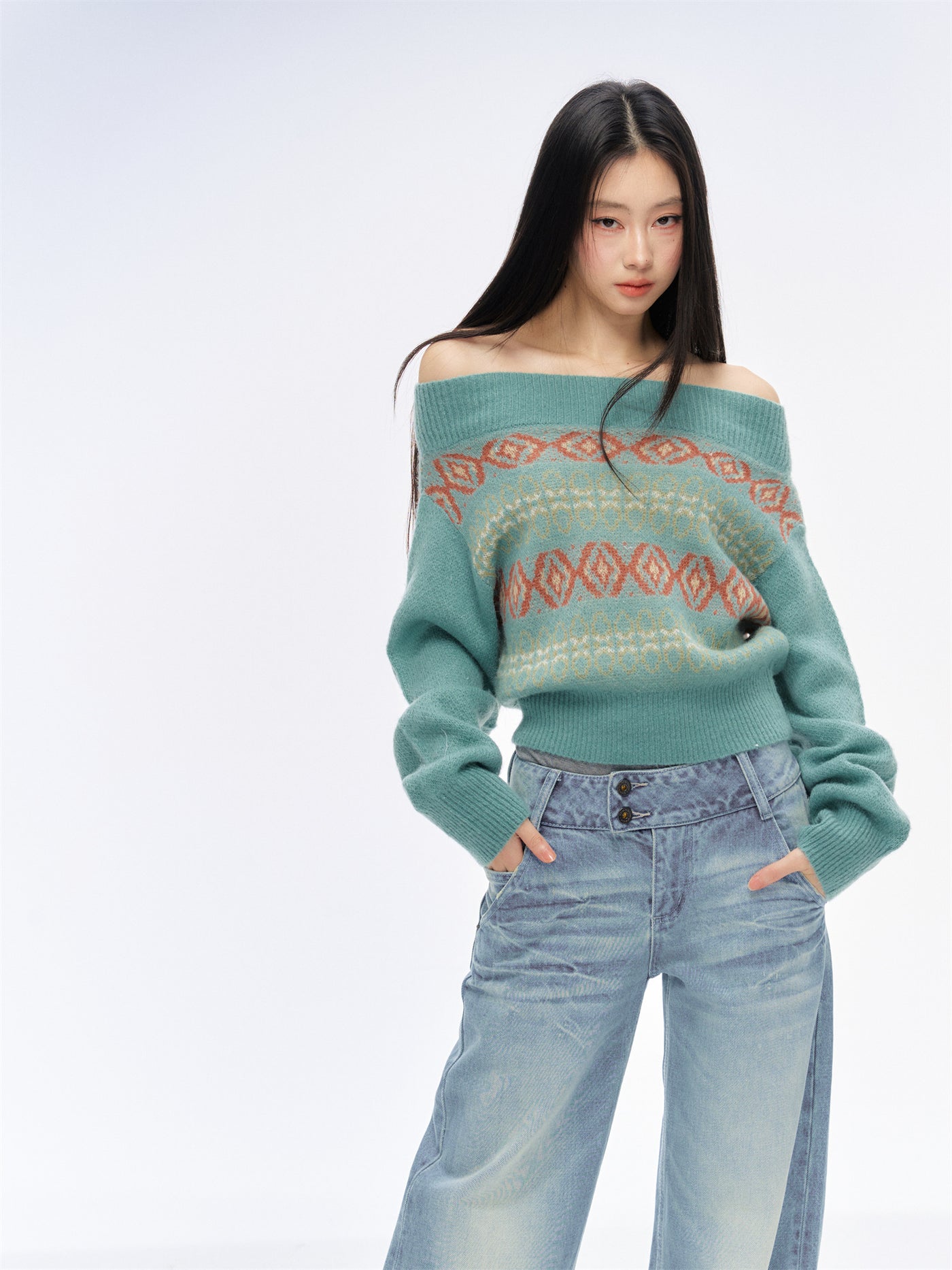 Jacquard One Shoulder Sweater CUR0196