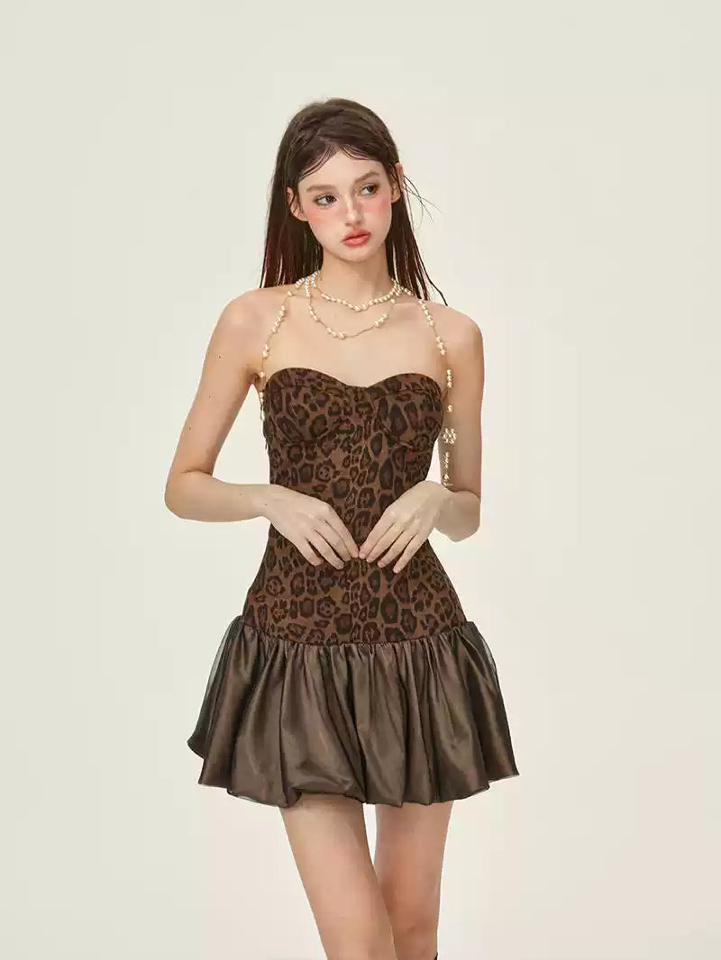 Off-shoulder Suede Leopard Print Puffy Flower Skirt Dress GIF0070