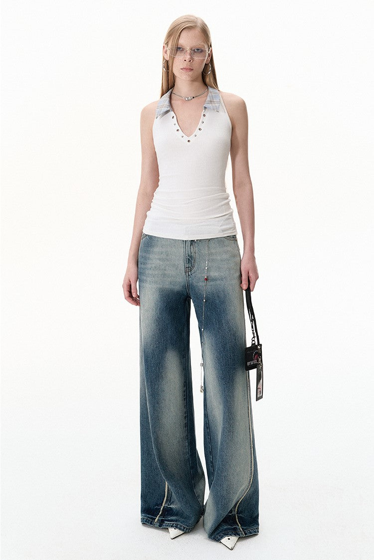 Contrast Loose Wide Leg Raw Edge Jeans BYW0022