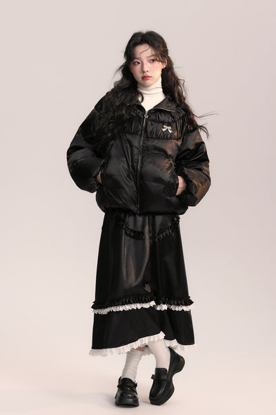 Hooded Silk Texture Pleated Down Jacket AOO0044