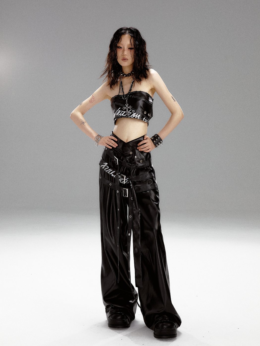 Punk Draped V-Shaped High Waist Graffiti Print Black Leather Belt Pants FRU0056