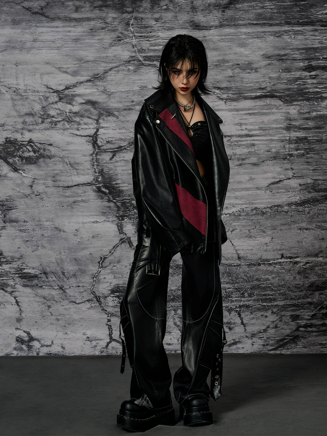 Metal Decoration Punk Street Straight Leather Draped Pants FRU0057