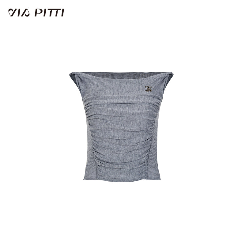 Waist Pleated Off-the-shoulder Slim Knit Top VIA0082