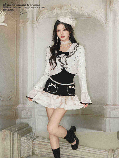 Dot Pattern Frilled Collar Short Jacket & Ribbon Pocket Ruffle Skirt BBB0086