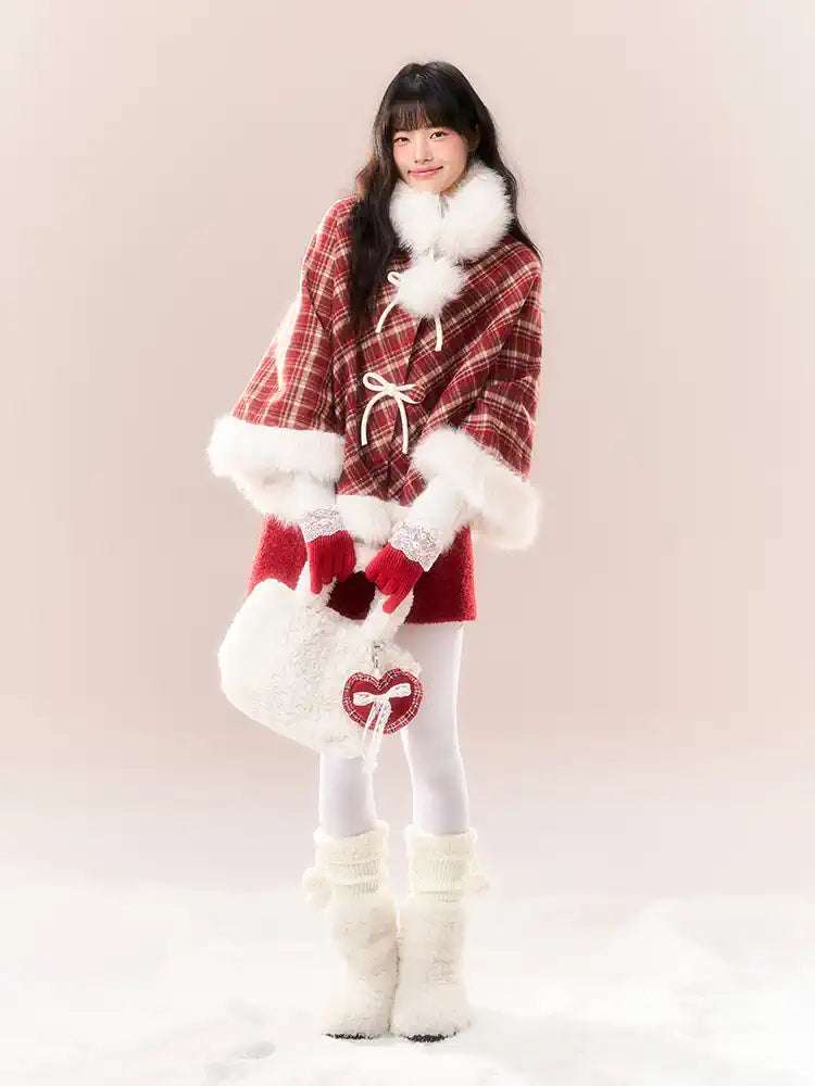 Red Checkered Bow Fur Collar Coat NTO0163