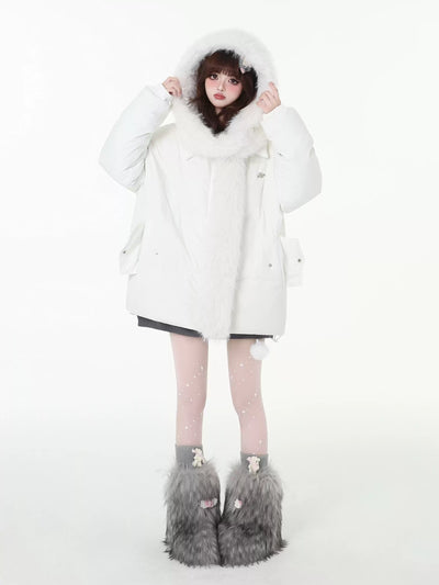 White thick down jacket with long fur hood CRA0099