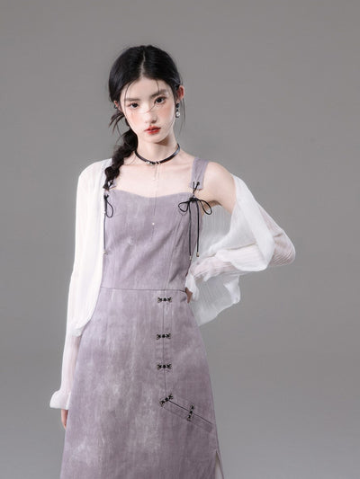 Plum Purple Tencel Shirt/Tie-Dye Printed Suspender Dress COT0131