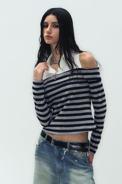 Slim Fit Fake Two-piece One-shoulder Striped Shirt WES0195