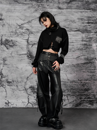 Metal Decoration Punk Street Straight Leather Draped Pants FRU0057